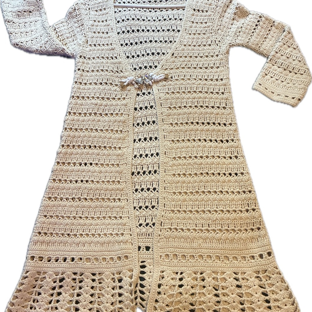 Handmade Cream Openwork Long Cardigan Sweater
